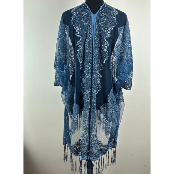 Pretty Persuasions Blue Paisley Sheer Kimono Fringe Boho Duster Fairy Coachella - Picture 4 of 11
